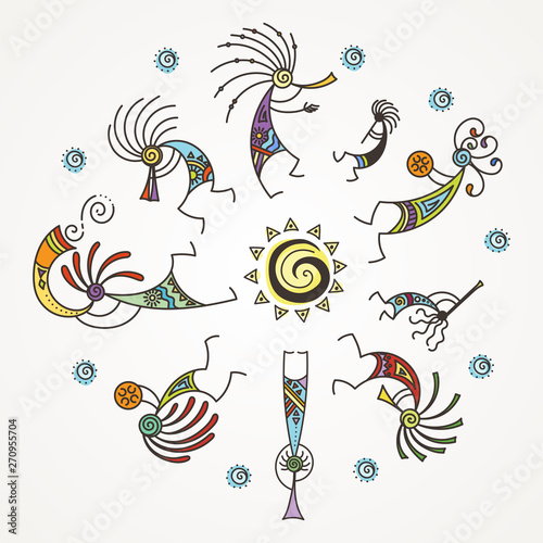 Hand drawn Kokopelli circle. Stylized mythical characters playing flutes.