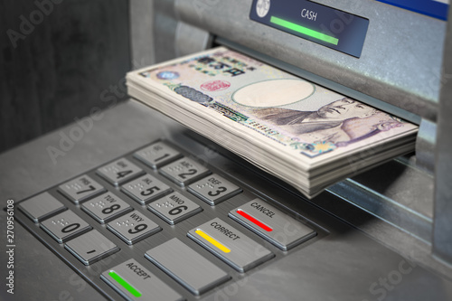 ATM machine and yen. Withdrawing 100 yen banknotes. Banking concept.