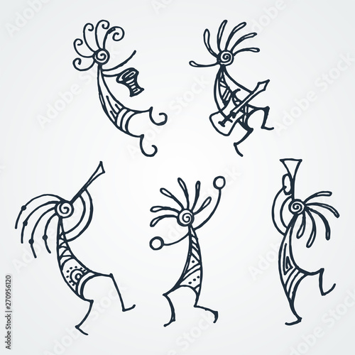 Hand drawn Kokopelli figures. Stylized mythical characters playing flutes.