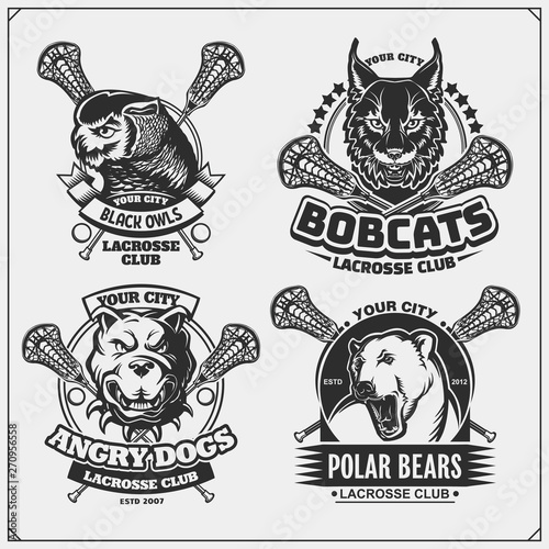 Set of lacrosse badges, labels and design elements. Sport club emblems with polar bear, bobcat, pitbulland owl. Print design for t-shirts.