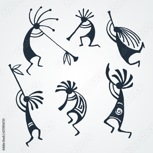 Hand drawn Kokopelli figures. Stylized mythical characters playing flutes.