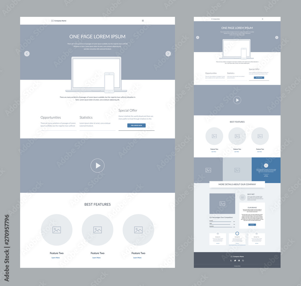 One page website design template for business. Landing page wireframe. Flat modern responsive design. Ux ui website template. Concept mockup layout for development. Best convert page.