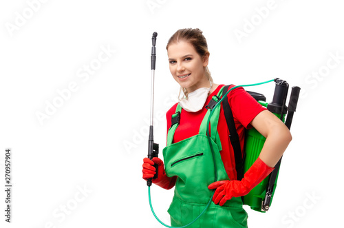 Female pest control contractor isolated on white 