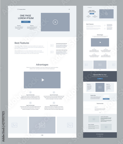 One page website design template for business. Landing page wireframe. Flat modern responsive design. Ux ui website template. Concept mockup layout for development. Best convert page.