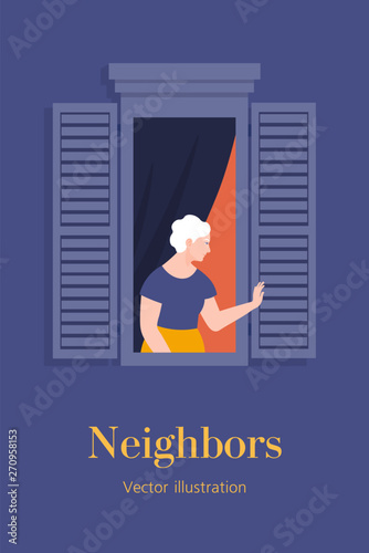 Old woman in the window of an apartment. A neighbor waving and greeting. Grandmother. Template postcard with text. Vector flat illustration
