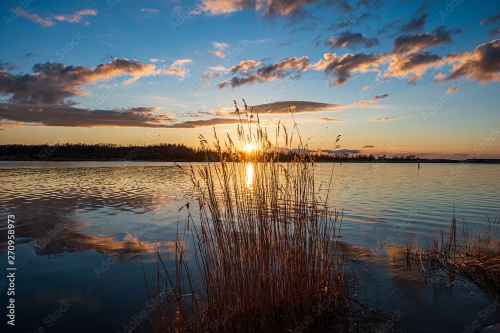 Fototapeta premium calm countryside lake river with cloud reflections in water and green shores