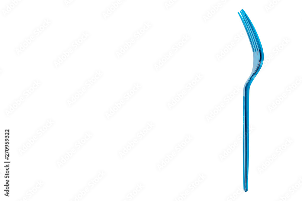 Blue plastic fork, disposable utensil. Isolatef on white