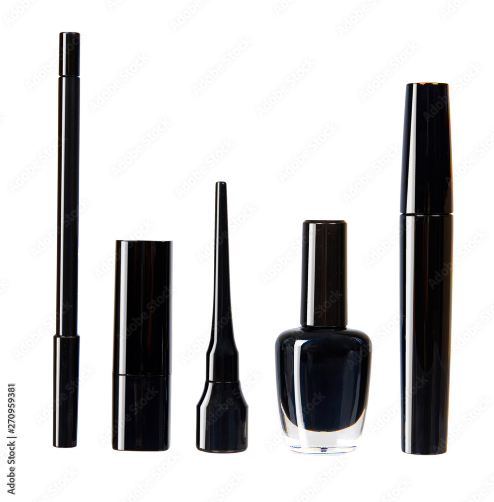 Black mascara, nail polish and lipstick, eye makeup brush. Black mascara, nail polish and lipstick, eye makeup brush.