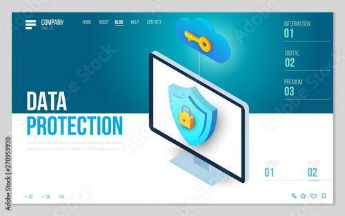 Minimal modern concept of data protection or digital online security. Design web site, landing page or presentation template. Isometric vector illustration.