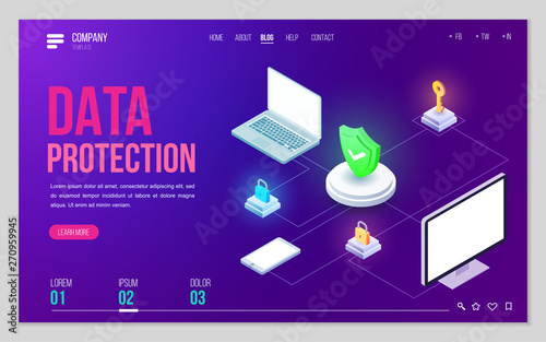 Minimal modern concept of data protection or digital online security. Design web site, landing page or presentation template. Isometric vector illustration.