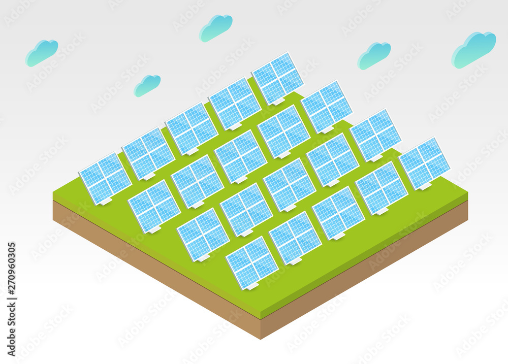 Solar panel with clouds on green ground, hill or island. Concept of alternative ecology energy sources. Flat 3d isometric cartoon composition. Abstract minimalistic illustration.