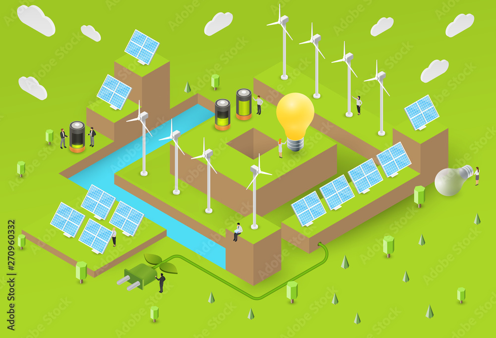 Wind turbines and solar panels on green ground, hills or islands with people. Concept of alternative ecology energy sources. Flat 3d isometric cartoon composition. Abstract minimalistic illustration.
