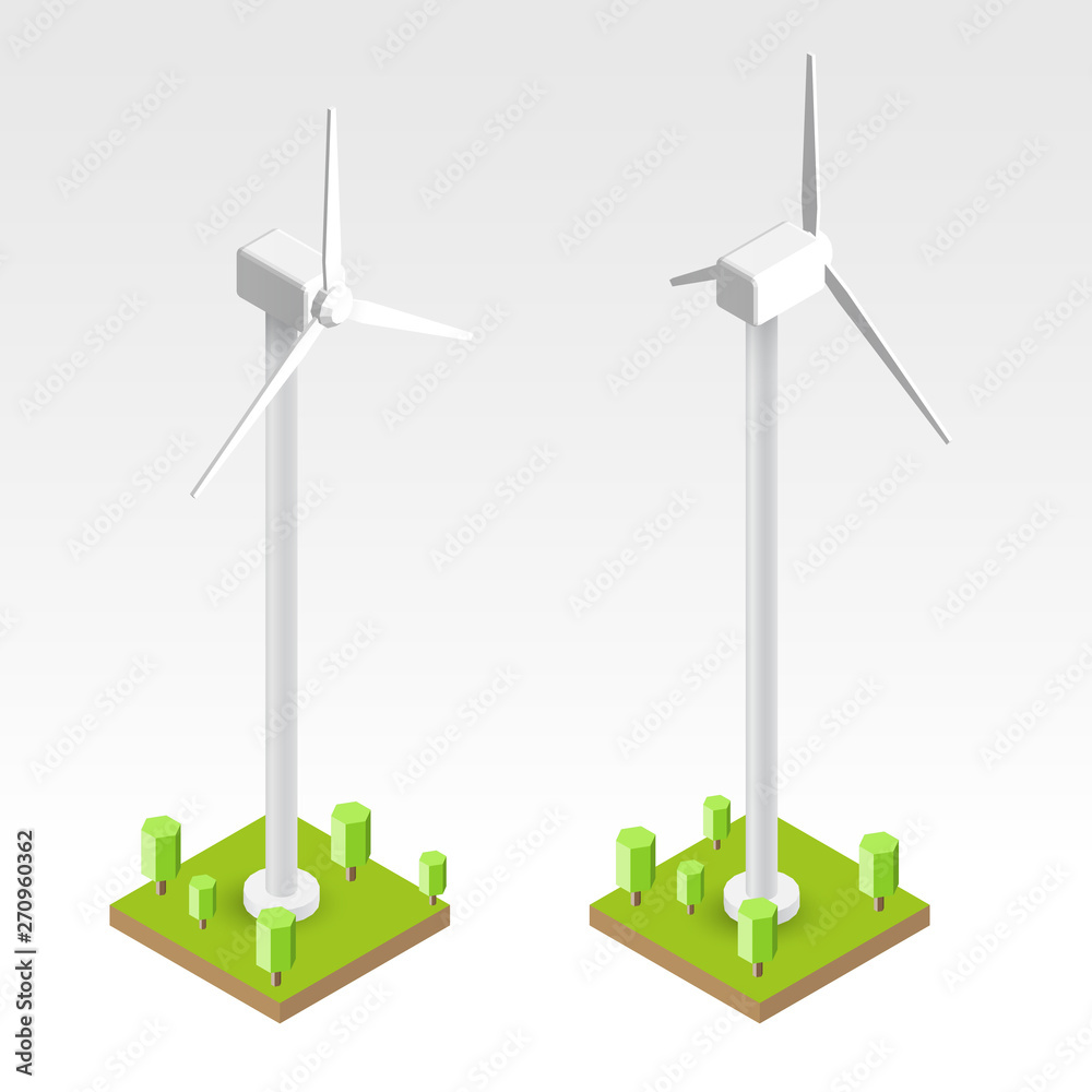 Wind turbines in 3d cartoon isometric view isolated on white background.  Vector illustration. Stock Vector | Adobe Stock