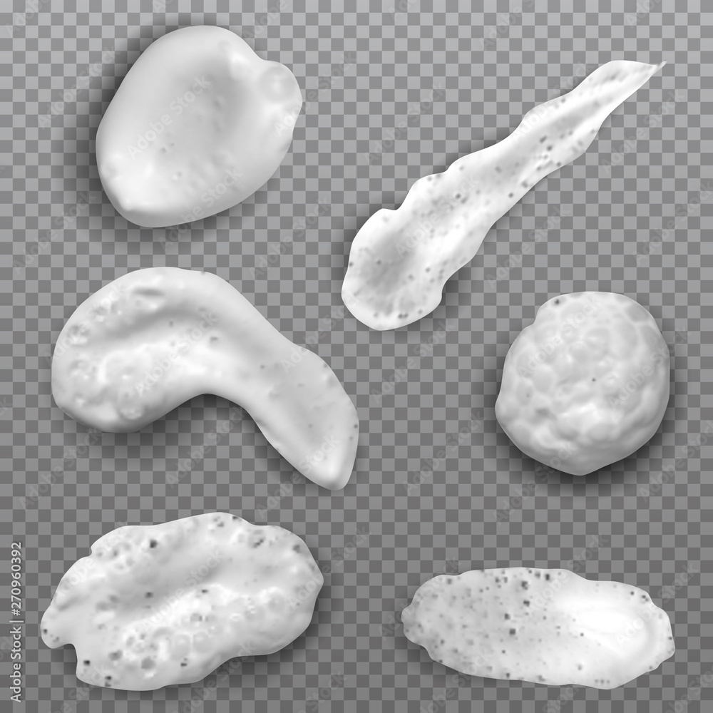 Realistic white smears foam, gel or cream isolated on transparent background. Set of vector objects different forms. Realistic white smears foam, gel or cream isolated on transparent background. Set of vector objects different forms.