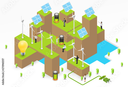 Wind turbines and solar panels on green ground, hills or islands with people. Concept of alternative ecology energy sources. Flat 3d isometric cartoon composition. Abstract minimalistic illustration.