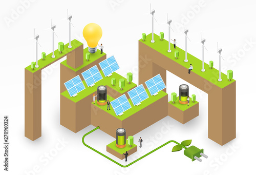 Wind turbines and solar panels on green ground, hills or islands with people. Concept of alternative ecology energy sources. Flat 3d isometric cartoon composition. Abstract minimalistic illustration.