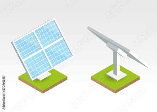 Set of solar panels in isometric view. Eco energy concept. Vector illustration.