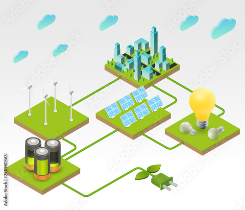 Solar panels, wind turbines with city buildings on green ground or island. Concept of alternative ecology energy sources. Flat 3d isometric cartoon composition. Abstract minimalistic illustration.