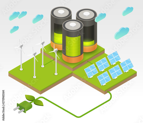 Solar panel, wind turbines and batteries on green ground, hill or island. Concept of alternative ecology energy sources. Flat 3d isometric cartoon composition. Abstract minimalistic illustration.