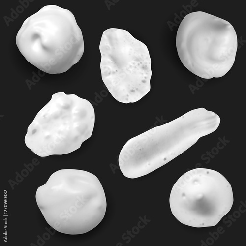 Realistic white smears foam, gel or cream isolated on black background. Set of vector objects different forms.