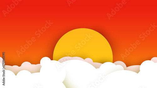 3d vector paper cut white clouds and sun on evening sky. Cartoon art illustration in minimalistic craft carving style. Modern layout colorful concept for background cover, poster, card.