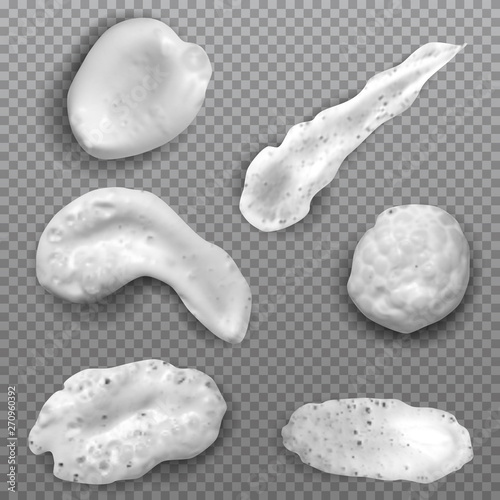 Realistic white smears foam, gel or cream isolated on transparent background. Set of vector objects different forms.