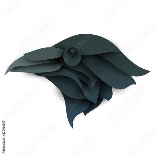 Raven or crow head. Cartoon wild bird in trendy paper cut craft graphic style. Modern design for advertising, branding greeting card, cover, poster, banner. Vector illustration.