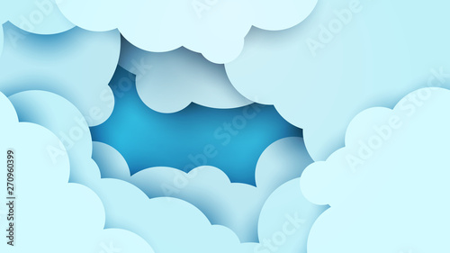 3d vector paper cut white clouds on blue sky. Cartoon art illustration in minimalistic craft carving style. Modern layout colorful concept for background cover, poster, card.