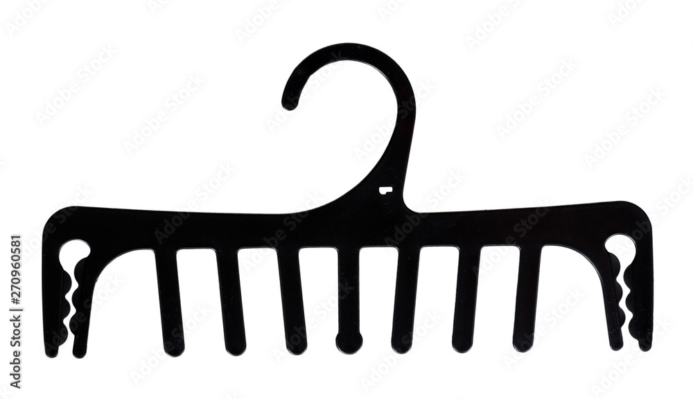 Black plastic clothes hanger, hang. Isolated background Black plastic clothes hanger, hang. Isolated background