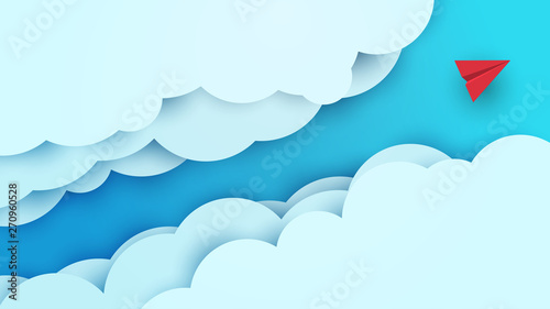 Cartoon paper air plane in sky. Creative minimalistic concept in paper cut 3d style. Colorful modern vector illustration.