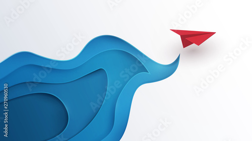 Cartoon paper air plane in sky. Creative minimalistic concept in paper cut 3d style. Colorful modern vector illustration.