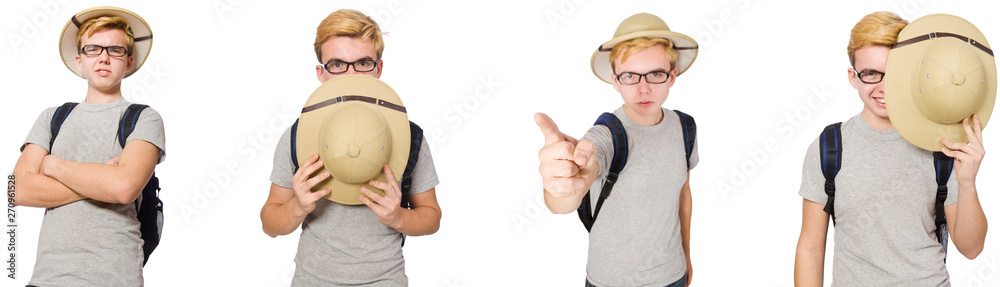 Young boy in cork helmet with backpack Young boy in cork helmet with backpack