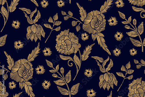 Floral seamless background pattern with mix wild flowers and leaves Line art. Embroidery flowers. Vector illustration.   Textile design ,
