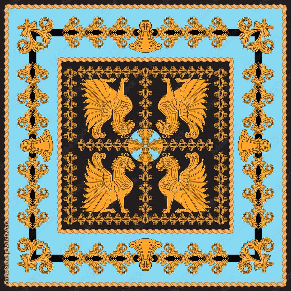 Scarf with golden lions on a blue background