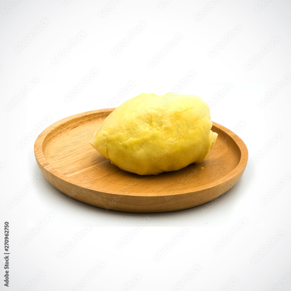 durian fruit In a wooden tray on the White Blackground durian fruit In a wooden tray on the White Blackground