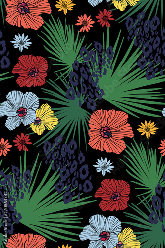 Floral design seamless background pattern . Palm leaves, hibiscus flowers. Vector illustration hand drawn.