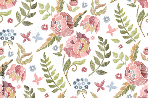 Floral seamless background pattern with mix wild flowers and leaves Line art. Embroidery flowers. Vector illustration.