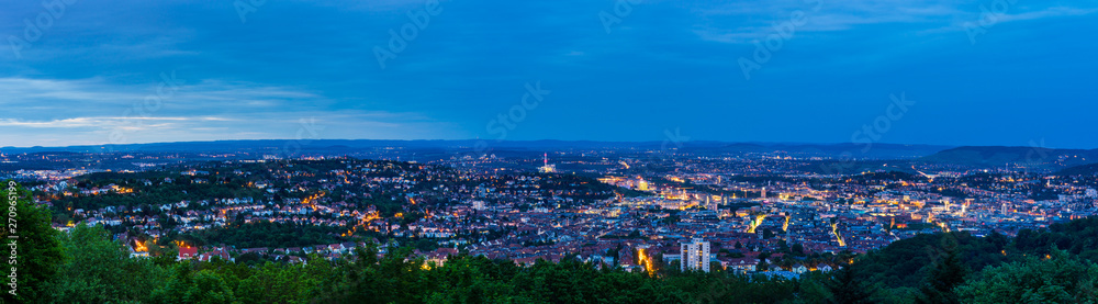 Germany, XXL panorama view over nature and city landscape of stuttgart from above birkenkopf viewpoint by night