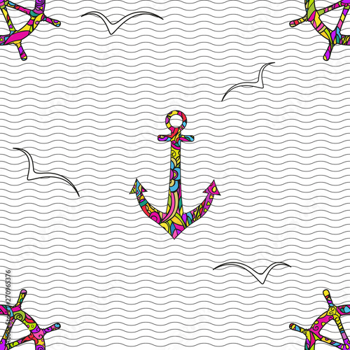 Seamless vector colored pattern with ship`s steering wheels, anchors, gulls on white backgrounds with waves.