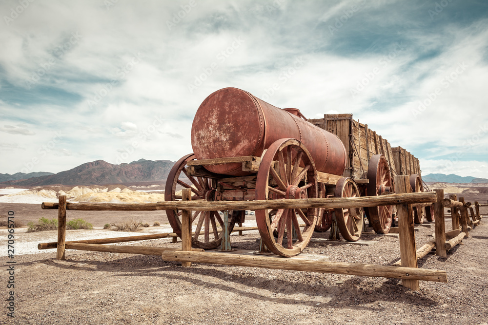 Historic wagon that was used in mining and transferring the borax from Death Valley to the Mojave by the twenty mule team. California, USA