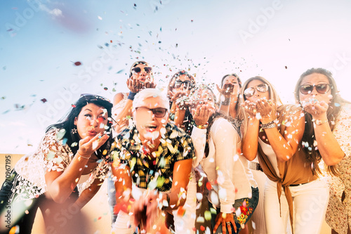 Photography Confetti party celebration for happy cheerful crazy caucasian people women blowi
