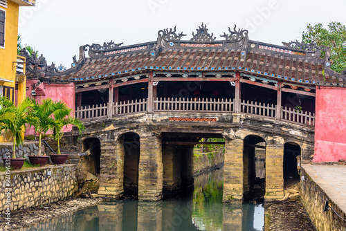 Chùa Cầu Japanese bridge, an 18th century carved wooden bridge which incorporates a shrine, in Hoi An, Vietnam