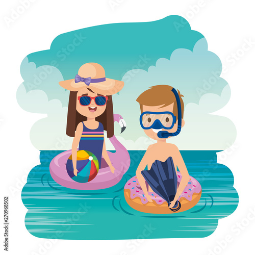 little kids couple with snorkel and balloon on the sea