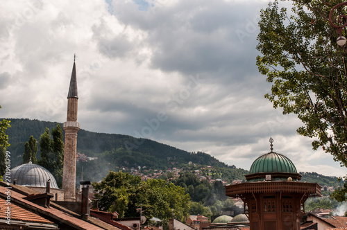 Bosnia and Herzegovina: the iconic Sebilj, Ottoman-style wooden fountain built by Mehmed Pasha Kukavica in 1753, symbol of Bascarsija square, old bazaar and historical center of Sarajevo