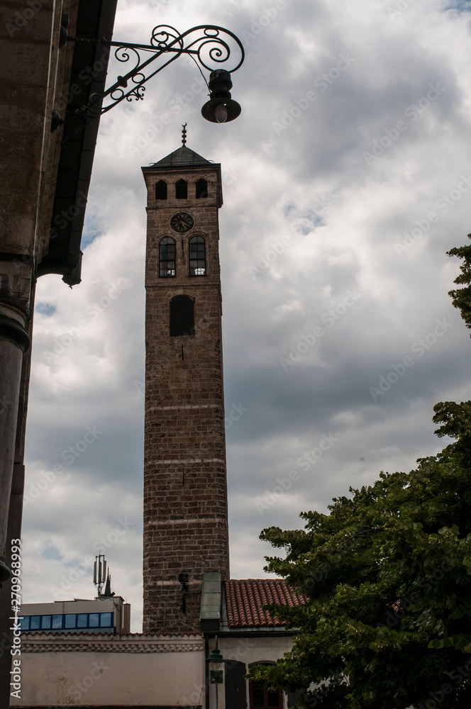 Sarajevo, Bosnia: the Sarajevska sahat kula, the Clock Tower built by Gazi Husrev-beg, governor of the area during the Ottoman period, the tallest of 21 clock towers in the country 
