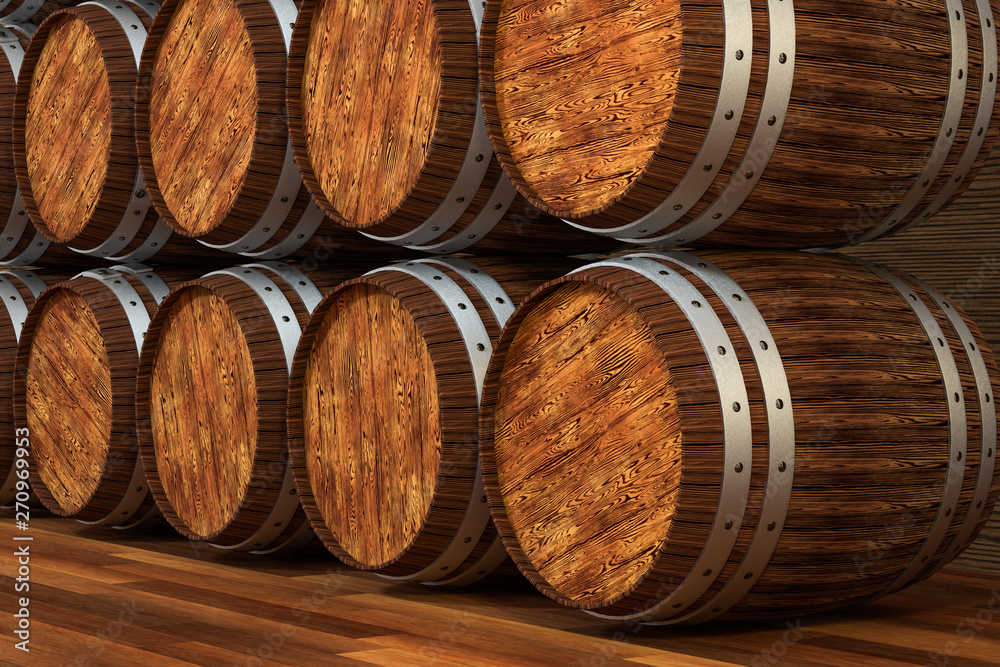 Wooden winery barrel with warm color background, 3d rendering