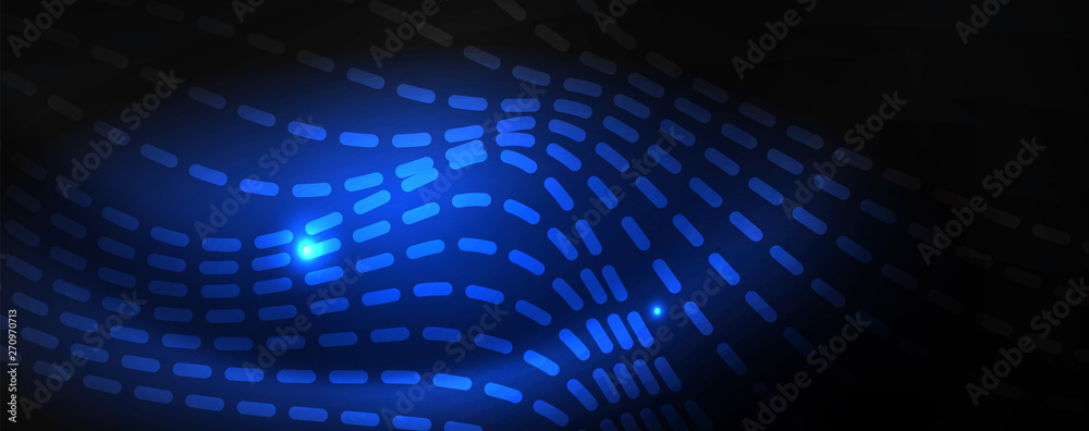 Smoky glowing waves in the dark. Dark abstract background with neon color light and wavy lines. Vector