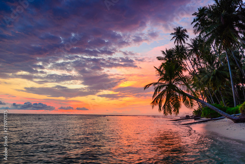Fototapeta Naklejka Na Ścianę i Meble -  Sunset dramatic sky on sea, tropical desert beach, no people, colorful clouds, travel destination, Indonesia Banyak Islands Sumatra