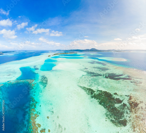 Aerial view Banyak Islands Sumatra tropical archipelago Indonesia, Aceh, coral reef white sand beach. Top travel tourist destination, best diving snorkeling.