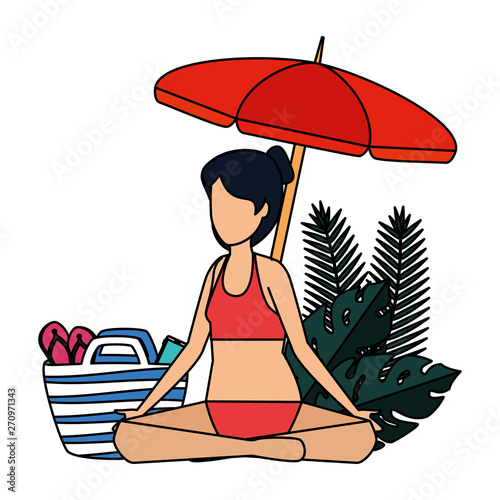 beautiful woman practicing yoga with umbrella and summer icons